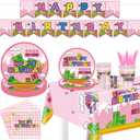 122Pcs Super Bros Peach Party Disposable Tableware Supplies Girls Princess Birthday Table Decoration Kit for 20-Guests Includes Banner, Tableloth, Plates, Cups, Napkins, Forks and Knives