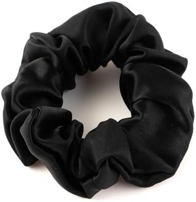 Bunnikins & Clover Silk Scrunchies for Hair Sleep, 100% Mulberry Silk Hair Tie for Curly Hair with Elastic Band, Black Elastic Hair Scrunchie for Women Girls, 2Pack