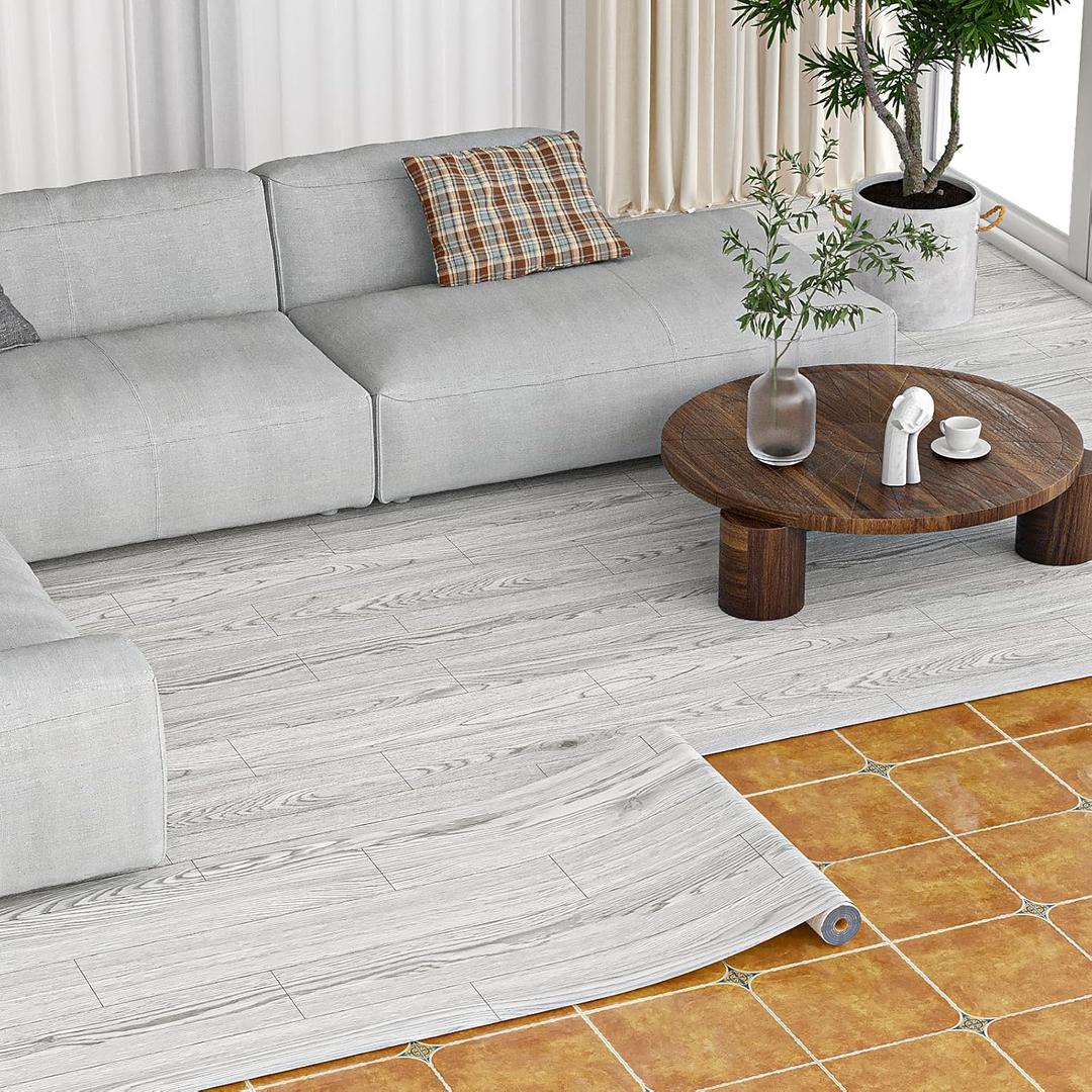 Oxdigi Peel and Stick Vinyl Flooring Roll 24"x 393"/ 64 Sq.Ft, Self Adhesive Vinyl Wood Flooring Planks Floor Tiles Stickers Waterproof for Bathroom Living Room Bedroom Kitchen RV, White Grey Wood
