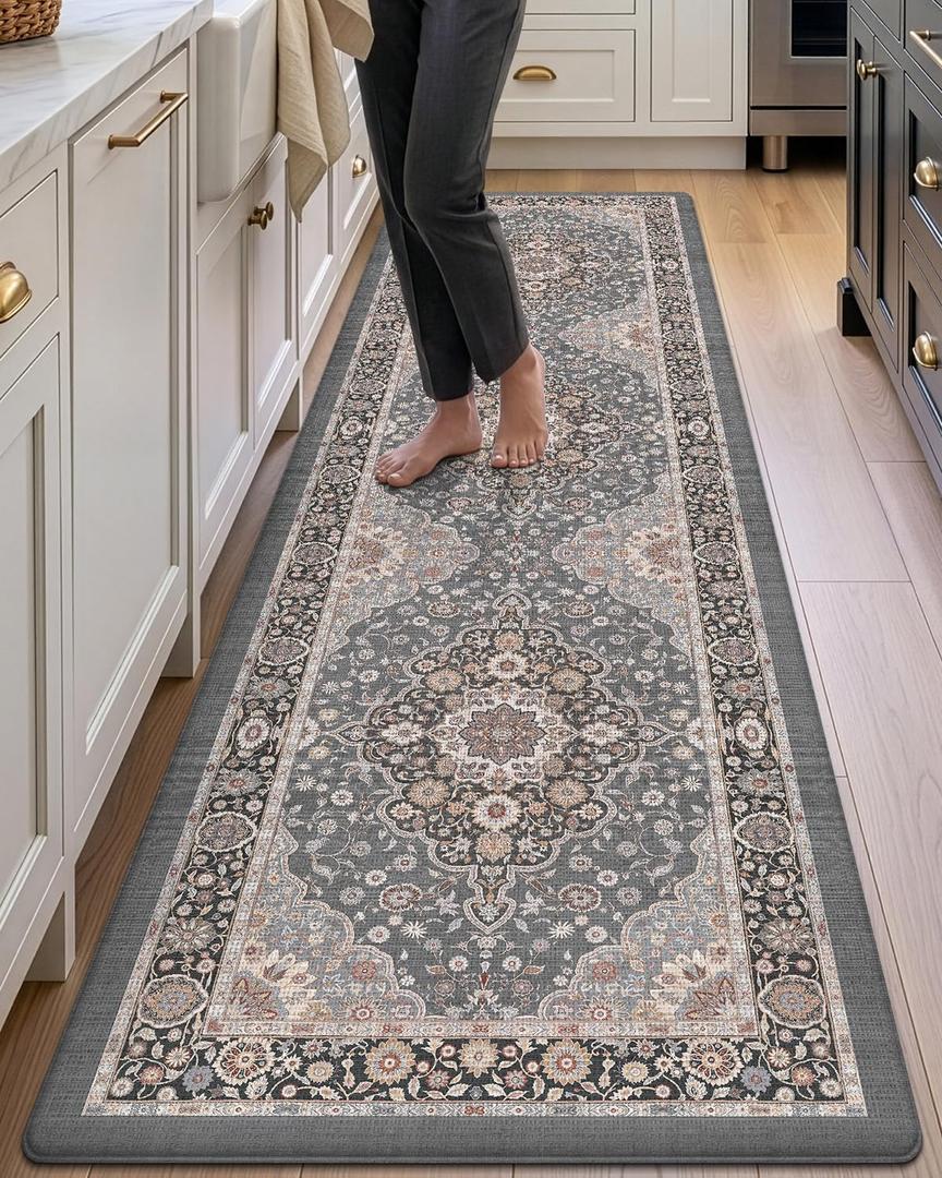 DEXI Anti Fatige Cushioned Kitchen Floor Mats Non Slip Runner 24x87, Grey, 87"L x 24"W x 0.4"Th