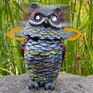 Solar Owl Decoys to Scare Birds Away, Resin Owl Garden Statue for Outdoor Garden, Barn Owls with Rotating Head and Lighted Eyes for Birds, Squirrels, Rabbits, Mice Deterrent (4.73Lx5.32Wx8.08H, Brown and Black)