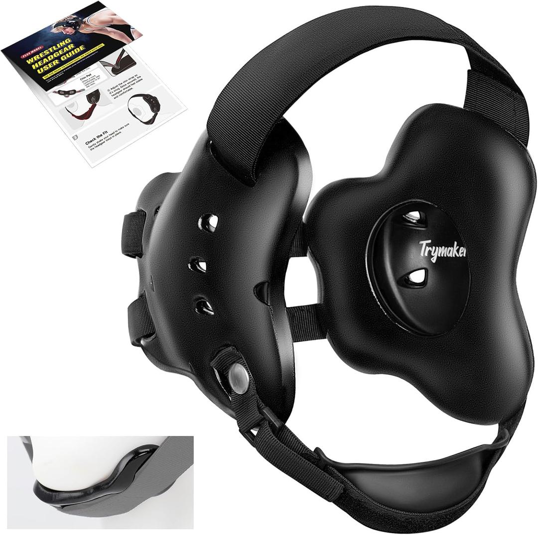 Wrestling Headgear, Youth Wrestling Headgear for Men with Chin Cup & Pad, Sorf Ear Guard for MMA, Jiu-Jitsu (for Users Age 10+) (Black Headgear & Black Strap)
