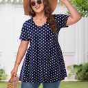 MONNURO Womens Plus Size Tops Cute Babydoll T Shirts Peplum Tunic Tops Loose Fit V-Neck Short Sleeve Blouse (Blue, 2XL)
