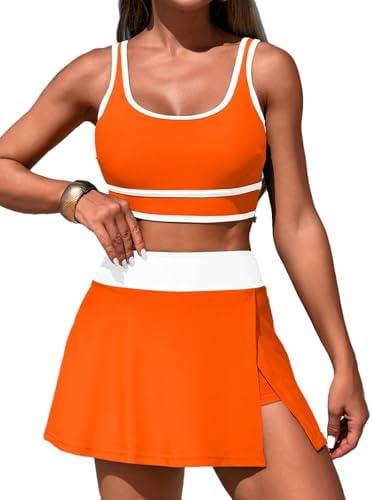 ZRTAK Women's High Waisted Bikini Sets Tummy Control Swim Skirt Two Piece Swim Suit Tummy Control Color Block Bathing Suit L