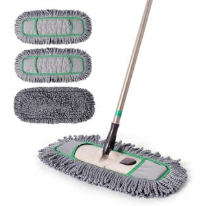 Eyliden Pro Dust Mops for Floor Cleaning - Total 3 Washable Microfiber Pads, One-Click Replacement, Telescopic Handle, Professional Design for Floors & Pet Hair (Grey+Green)