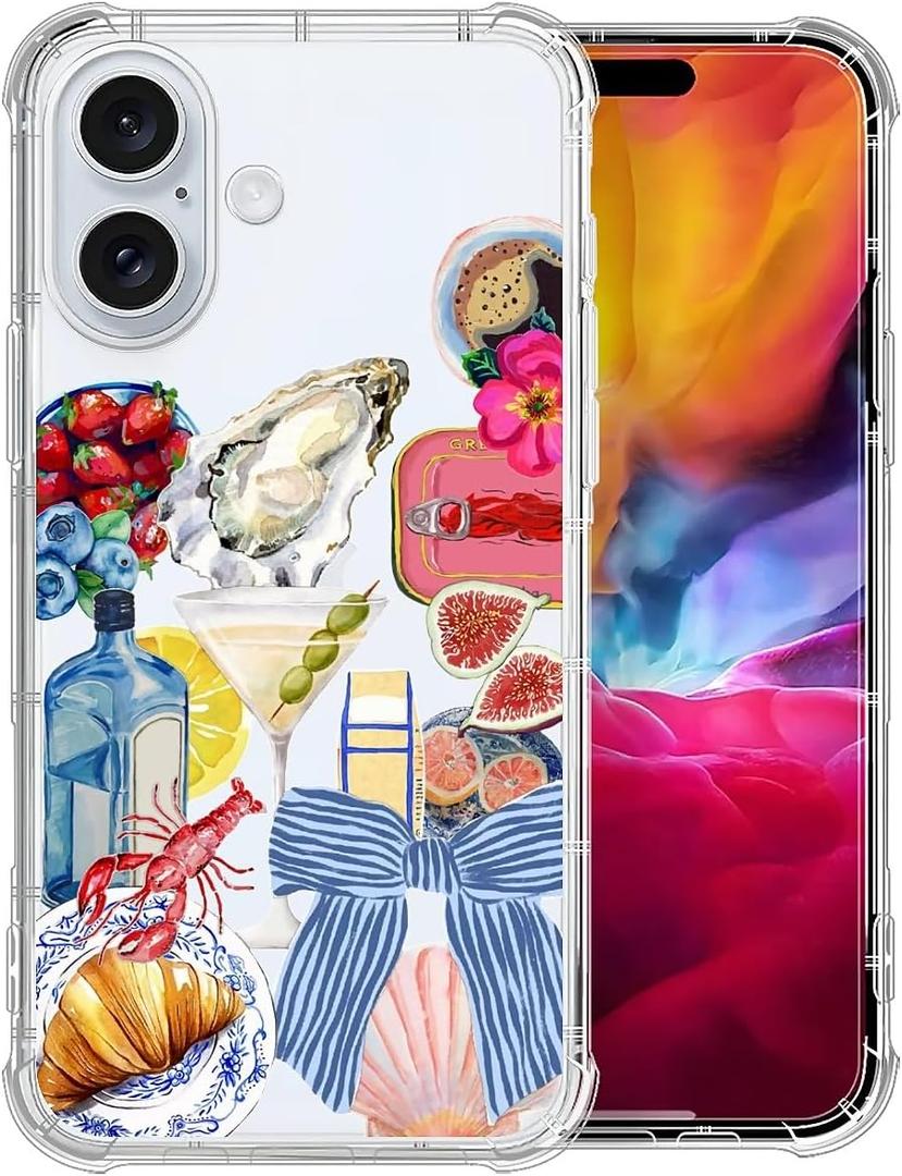 Compatible with iPhone 16 Case,Clear Four Corner Shockproof Airbags,Ultra-Thin Anti-Slip Design Military-Grade Protection Case - Oyster Wine Glass Bow Lobster