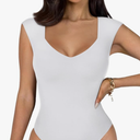 REORIA Butsmooth® Women's Trendy Sexy Casual V Neck Double Lined Sleeveless Slimming Going Out Tank Top Bodysuits L