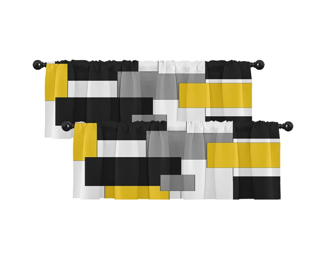 Emvency 2 Pack Valances Window Treatments Yellow and Black Geometry Abstract Modern Art Blackout Drapes Adjustable Curtain for Windows Living Room Kitchen Over Sink 18x52 Rod Pocket Valances