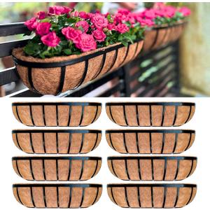 LaLaGreen Outdoor Wall Planter for Plants (24 Inch, 8 Pack) Large Black Metal Basket with Coco Liner, Window Flower Box Deck Railings Hanging Balcony Plant Holder Pot Garden Fence Balcony Patio Rail