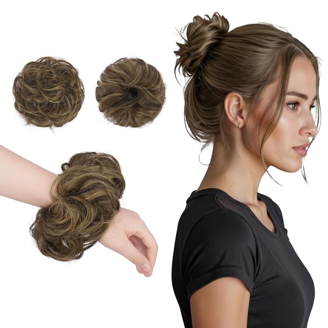 FESHFEN 2PCs Small Messy Bun Hair Piece for Thin Hair Women Girl Mini Synthetic Elastic Wavy Space-bun Scrunchies Updo Hairpieces, Brown Mix Brown