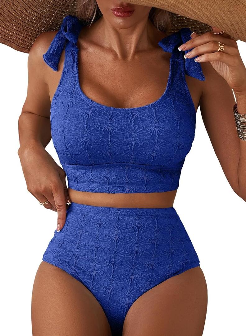 Herseas Women 2 Piece High Waisted Bikini Sets Seashell Textured Tie Strap Swimsuits Bathing Suit Beach Summer Outfits (Large, Bright Blue)