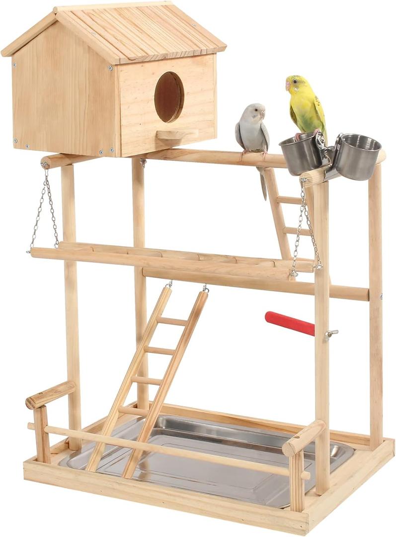HiCaptain Large Bird Playground, 3 Layers Cockatiel Playground, Pet Parrot Playstand Gym Wooden Playpen Birds Play Stand with Nesting Box, Ladder, Feeder Cups