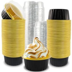 SUPPHOUS Disposable Ramekins, 5oz Mini Cake Pans with Lids Aluminium Foil Baking Cups, Disposable Mini Cake Containers Creme Brulee Ramekins for Christmas Party Wedding Birthday(Black Gold)
