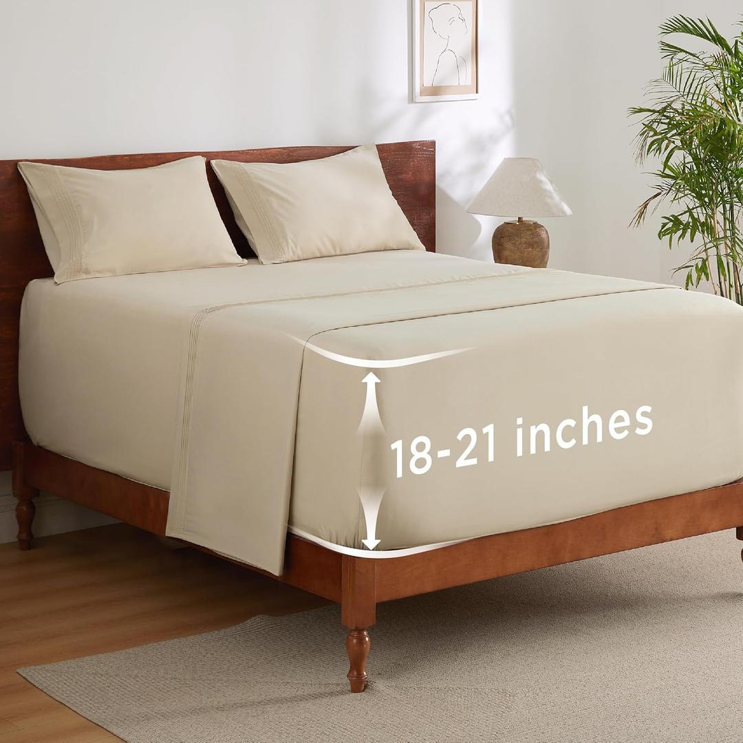 Bedsure Deep Pocket Queen Sheets Set - Fits Mattresses Up to 21 Inches Thick - 4 Piece GentleSoft Bed Sheets, Moisture Wicking, Soft & Cooling Bedsheet & Pillowcases, Easy & Secure Fit, Beige
