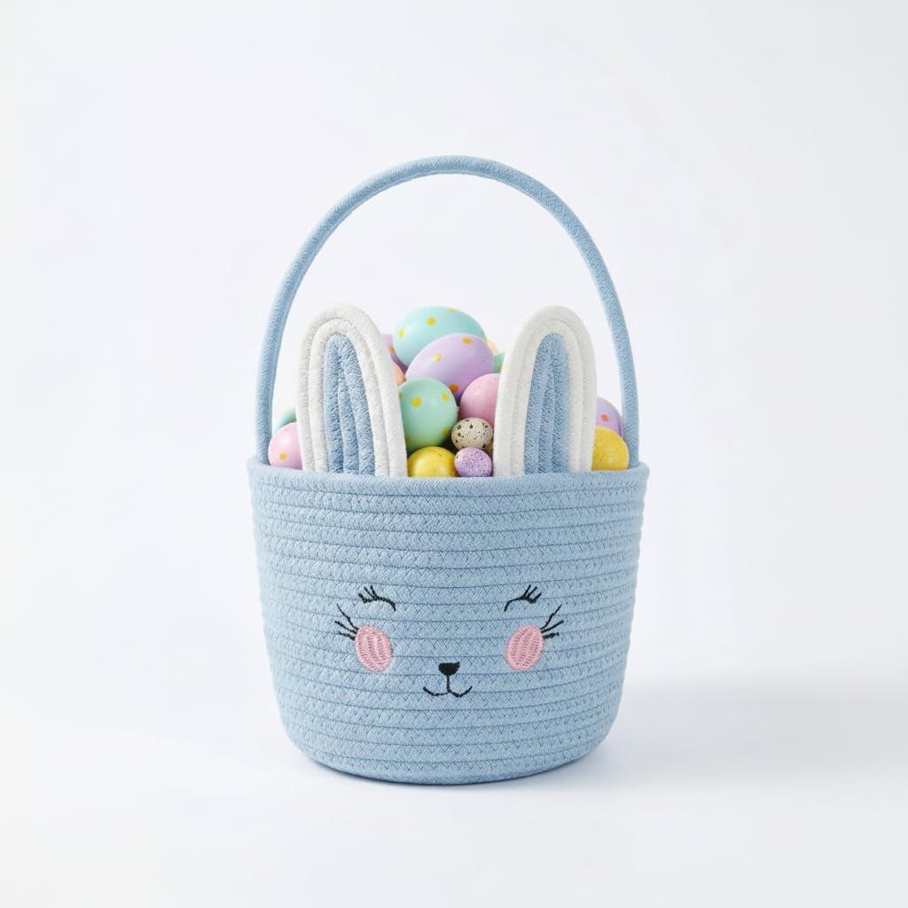 Easter Basket, Easter Bunny Baskets with Handle, Cute Woven Cotton Rope Egg Hunt Bag for Babies, Toddlers, Kids Candy Gifts - Blue