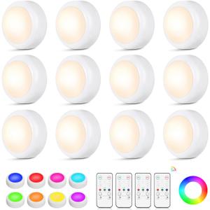 LED Puck Lights with Remote Control, 16 Color Changing Under Cabinet Lighting with Dimmer & Timer, AAA Battery Operated, Under for Closet Bedroom Kitchen, Stair (8Pack White)