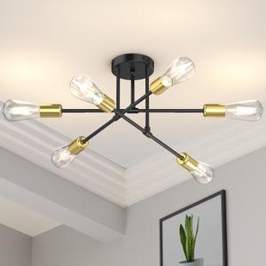 Modern Sputnik Chandelier Ceiling Light Fixtures, 6-Lights 22 Mid Century Industrial Metal Semi Flush Mount for Dining Room, Bedroom, Living Room-Black and Gold