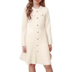 GRACE KARIN Girls Sweater Fall Dress Long Sleeve Knit Pleated A-Line Winter Easter Casual Midi Dresses White Christmas Holiday Kids Clothes Ourfits Size 10-12