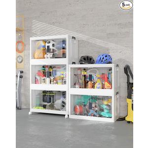 OlarHike 97QT Stackable Storage Bins with Lids - Folding Storage Box with Doors and Wheels, Collapsible Plastic Storage Drawers for Closets and Organization, Garage, 5 Pack Cubes