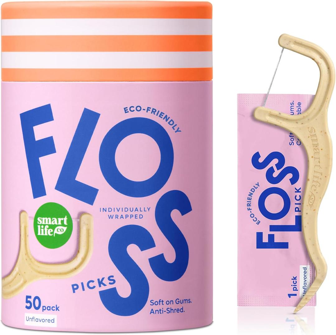 Individually Wrapped Dental Floss Picks (50ct) - Eco-Friendly Flosser Handle Made with Straw Wheat Blend | Great for Travel | PFA Free | Toothpick Stick Soft On Gums & Teeth | Vegan | Unflavored