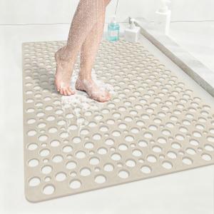 Anti Slip Shower Mat with Suction Cups,23.6x35.4 Inch Quick Drain TPE Non Slip Shower Mats for Inside Shower,Large Bath Mat for Shower Soft on Feet, Easy to Dry&Cut Machine Washable (Khaki)