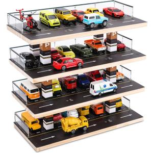 Display Case for Hot Wheels & Matchbox, 1/64 Scale Diecast Toy Car Storage, Parking Garage Diorama - Freestanding Storage with 4 Levels 24 Spots Maximum 40 Cars