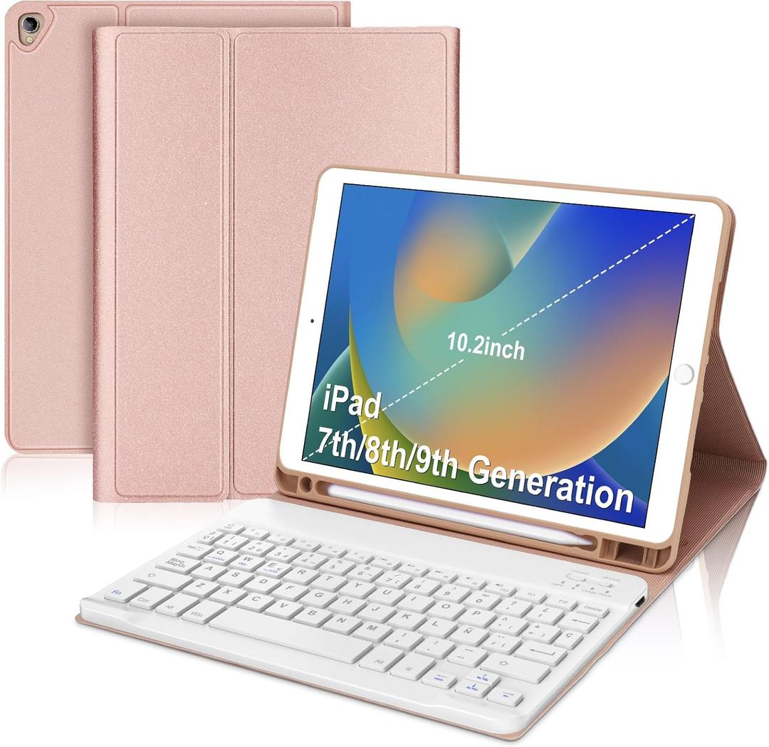 SENGBIRCH - Funda con Teclado de Espaol for iPad 7a 8a 9a Genaracin (10.2 Pulgada), con Inalmbrico Teclado Bluetooth Magntico Desmontable, Rosa (Pink)