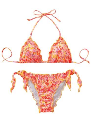 BEAUDRM Women's 2 Piece String Bikini Sets Floral Print Ruffled Halter Tie Backless Thong Swimsuits Bathing Suit Orange Large