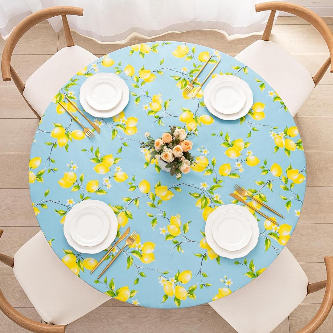 UMINEUX Round Fitted PEVA Vinyl Tablecloth with Elastic Edged & Flannel Backing, Waterproof Wipeable Round Table Cover for Indoor Outdoor Patio Use - Fits Tables up to 40"-44" Dia. (Lemon)