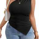 WDIRARA Women's Plus Size One Shoulder Tank Top Ruched Asymmetrical Sleeveless Tops (Black)
