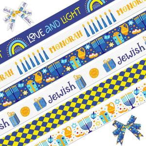 ALIBBON 6 Rolls 30 Yards 3/8" Hanukkah Ribbon Chanukah Grosgrain Ribbons for DIY Crafts Hanukkah Decor, Menorah Ribbons White Blue Ribbons for Jewish Gift Wrapping Bows Crafting Supplies (Style2)