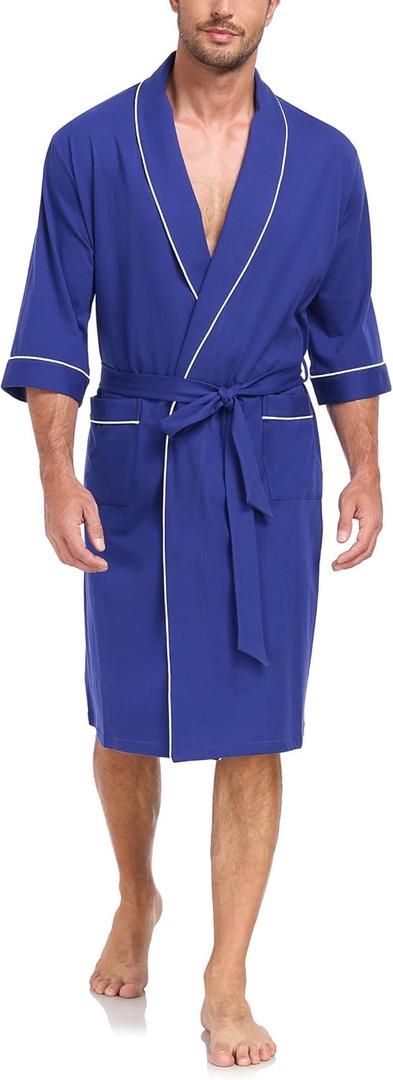 COLORFULLEAF Men's Bathrobes Summer Lightweight 100% Cotton Short Sleeve Robe for Mens with Pockets (XX-Large, 2-Cobalt Blue)