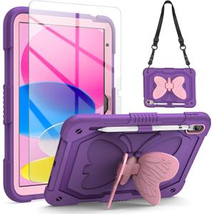 for iPad 10th Generation Case for Kids Girls 2022 10.9 Inch for iPad A16 Case 11th Generation 2025 with Screen Protector Shoulder Strap Butterfly Wings Stand Pencil Holder Rugged Cover-Purple
