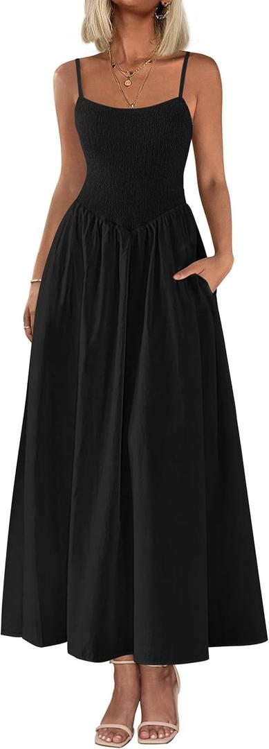 PRETTYGARDEN Women's Smocked Maxi Dresses 2025 Summer Beach Sundress Casual Spaghetti Strap Swing A Line Long Flowy Dress  ( Black, Large)