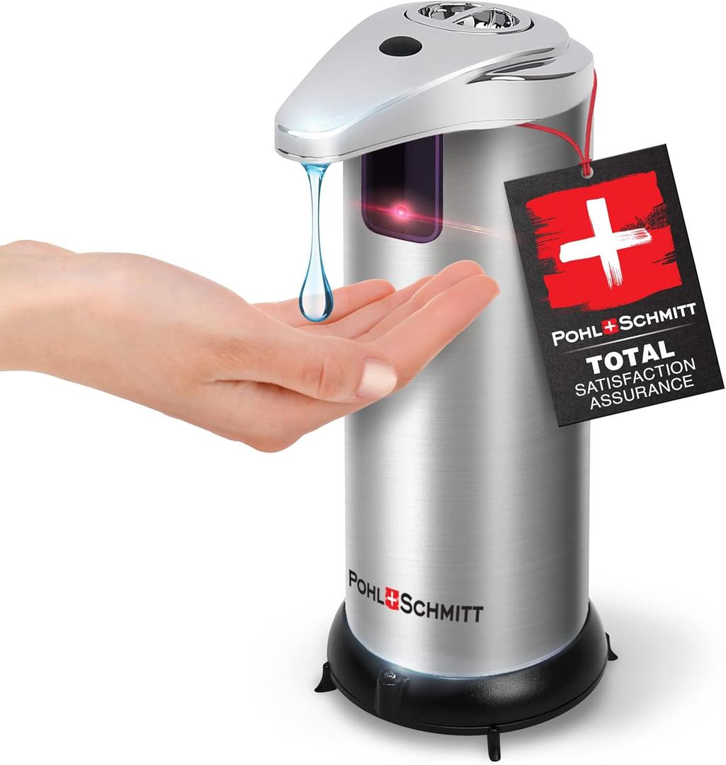 POHL SCHMITT Premium Automatic Soap Dispenser Touchless Battery Operated Soap Dispenser Bathroom, 3 Adjustment Levels, Waterproof and Leakproof, Stainless Steel, for Bathroom, Kitchen, Office and More