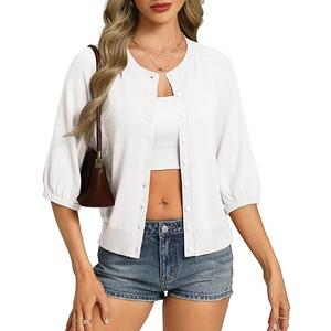 GRACE KARIN Womens Puff Short Sleeve Cardigans, Lightweight Cropped Cardigan, Button Up Knit Shirts Sweater Tops, Large
