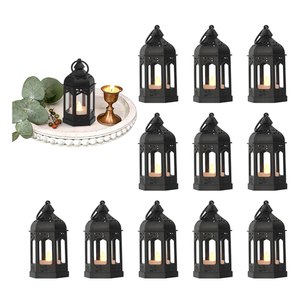 Mini Moroccan Lanterns with Flicker LED Candles Set of 12, Black Vintage Decorative Hanging Lanterns for Ramadan Decorations, Christmas, Halloween, Wedding Decor, Party, Table Centerpiece