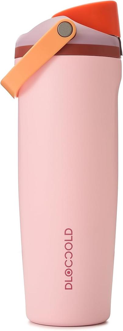 DLOCCOLD 30 oz Insulated Stainless Steel Water Bottle with Handle, Double Walled Water Bottle for Travel, Home, Office, Car, Leak Proof, Reusable Tumbler for Women Men, Cupholder Friendly (Pink)