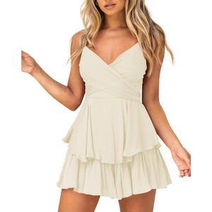 Hocuos Women's Dress Sexy V-Neck Adjustable Spaghetti Strap Waist Tie Sleeveless Layer Ruffle Hem A Line Mini Dress (X-Large, 15 Apricot)