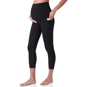 POSHDIVAH Women's Maternity Capri Leggings Over The Belly Pregnancy Workout Active Stretchy Pants with Pockets (Medium, Black)