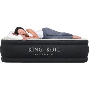 King Koil Luxury Pillow Top Plush Queen Air Mattress with High-Speed Built-in Pump, Blow Up Bed Top Side Flocking, Puncture Resistant, 16" Double High Inflatable Airbed Guests & Travel (Black)