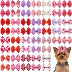 50PCS/25Paris Big Dog Hair Bows with Rubber Band Random Mix Pattern for Large XL Breed Pink Purple Bowknot Topknot Girl Female Grooming Hair AccessoriesRandom