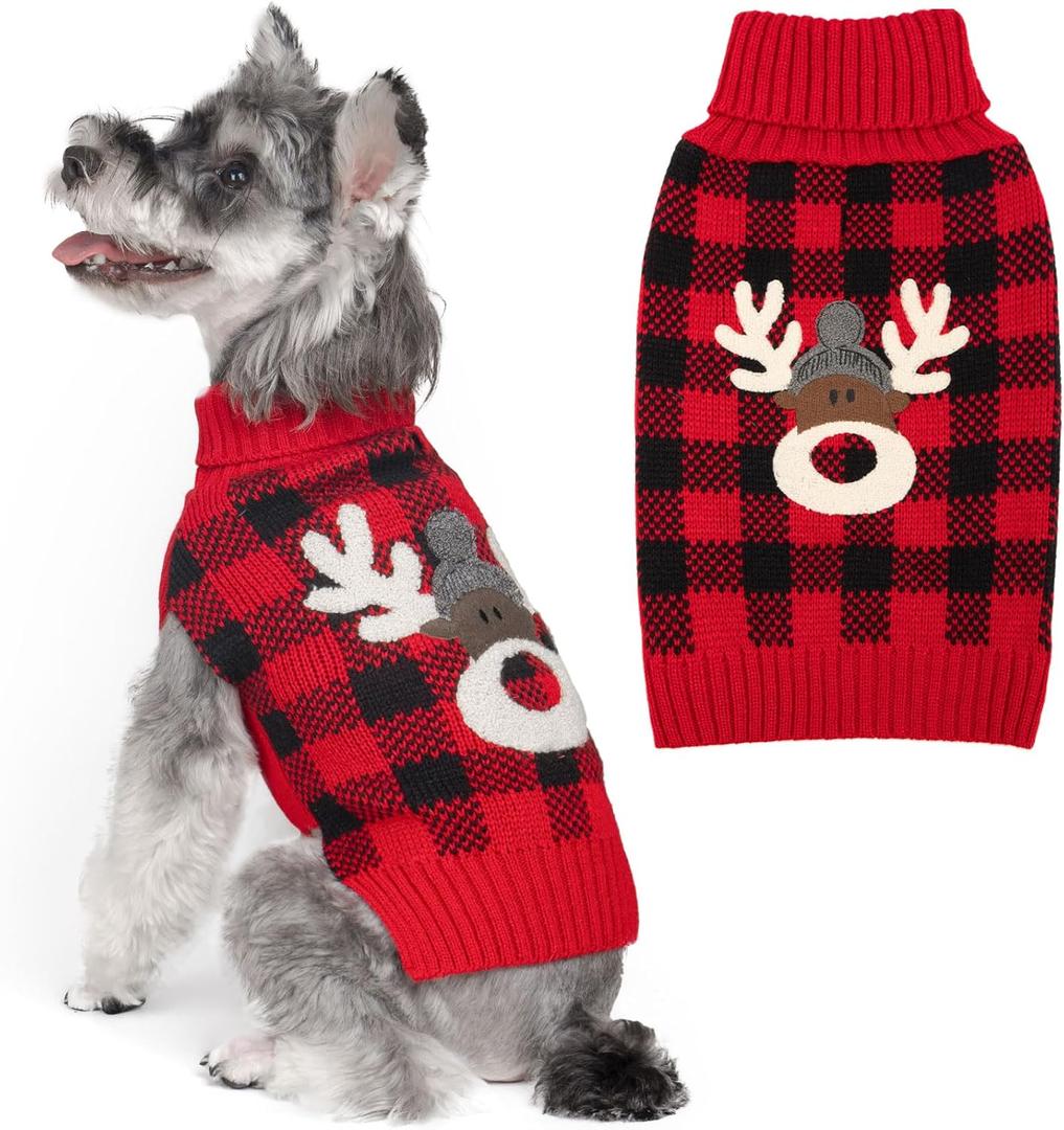 KYEESE Dog Christmas Sweater with Reindeer Pattern, Red Buffalo Plaid Knitwear, Turtleneck Dog Sweater for Small Dogs with Leash Hole, Cozy Winter Holiday Outfit, Warm Soft Pet Clothes, Medium (Medium (7-11lbs))