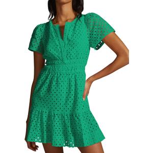 Women's 2024 Summer Short Sleeve Dress V Neck A Line Hollow Out Short Dress Cute Casual Beach Party Cocktail Dresses (X-Large, Green)