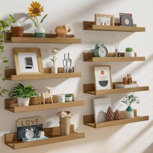 Heimlove 24 inch Picture Ledge Shelf Set of 8,Long Floating Shelves for Wall,Oak Picture Shelf with Lip for Wall Decor,Living Room Bedroom Bookshelf Photo Frames Nursery Book Shelves for Storage