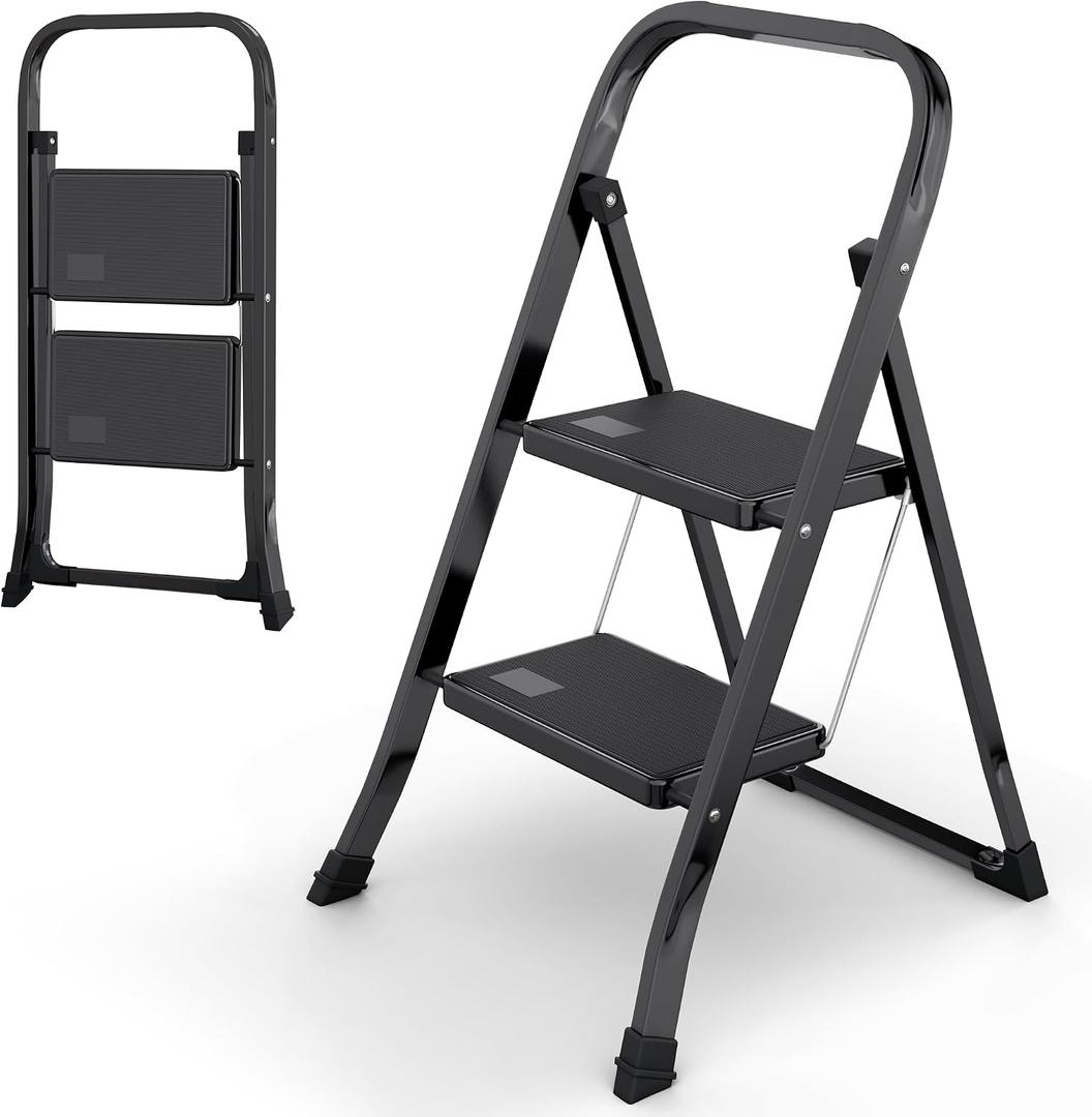 2 x 2-Step Ladder with Wide Anti-Slip Platform & Thick Rubber Feet | Heavy Duty Foldable & Portable | 330 lbs Capacity, Steel Frame, Rubber Handgrip, Folding Step Stool