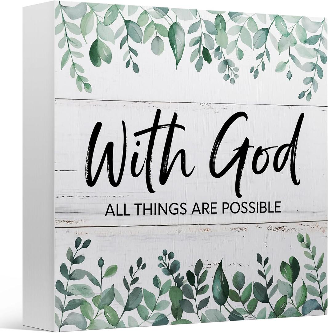 Bible Verse Desk Decor Signage for Office Home, With God All Things are Possible, Wooden Sign 5x5 Inches