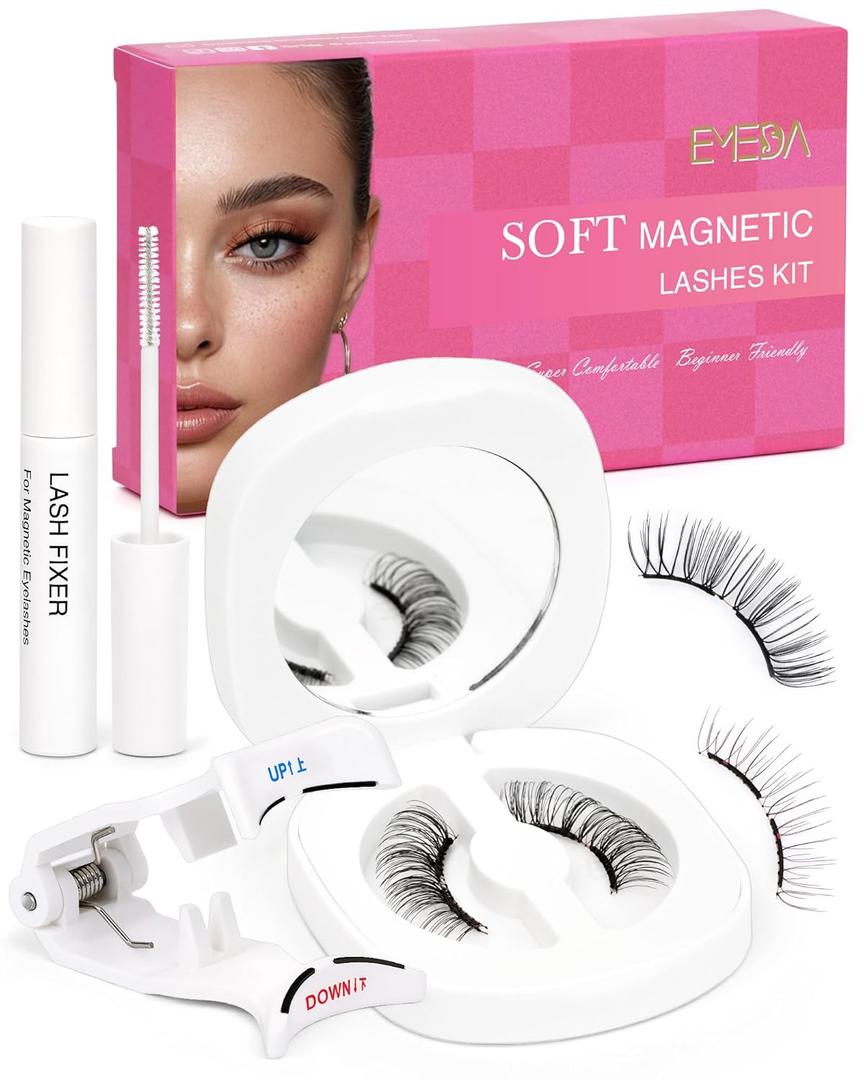 Upgrade Natural Look Soft Magnetic Eyelashes with Applicator and Lash Fixer Reusable Magnetic Eyelashes Kit, No Glue Needed Soft Magnet Lashes, Easy To Wear and Remove by EMEDA(Natural)