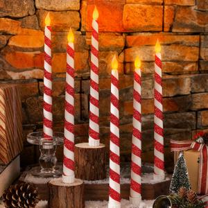 6PCS Christmas Flameless Taper Candles - Candy Cane Red and White Stripes Flickering Battery Operated LED Candles for Xmas Centerpiece Holiday Party, Wedding, Winter Home Decoration