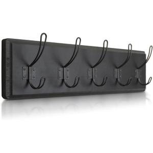 HBCY Creations Black Rustic Coat Rack Wall Mount with 5 Hooks, Solid Pine Wood 24 inch Wall Hooks for Entryway, Mudroom, Hallway, Bathroom - Vintage Farmhouse Style Wall Mounted Towel Rack